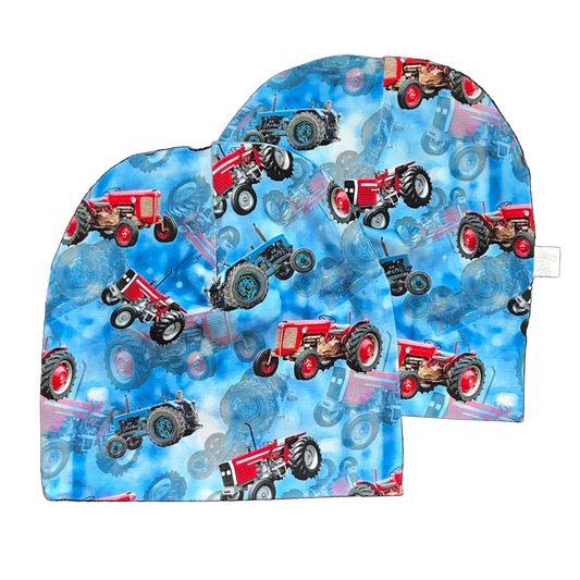 Lue rød og blå traktor