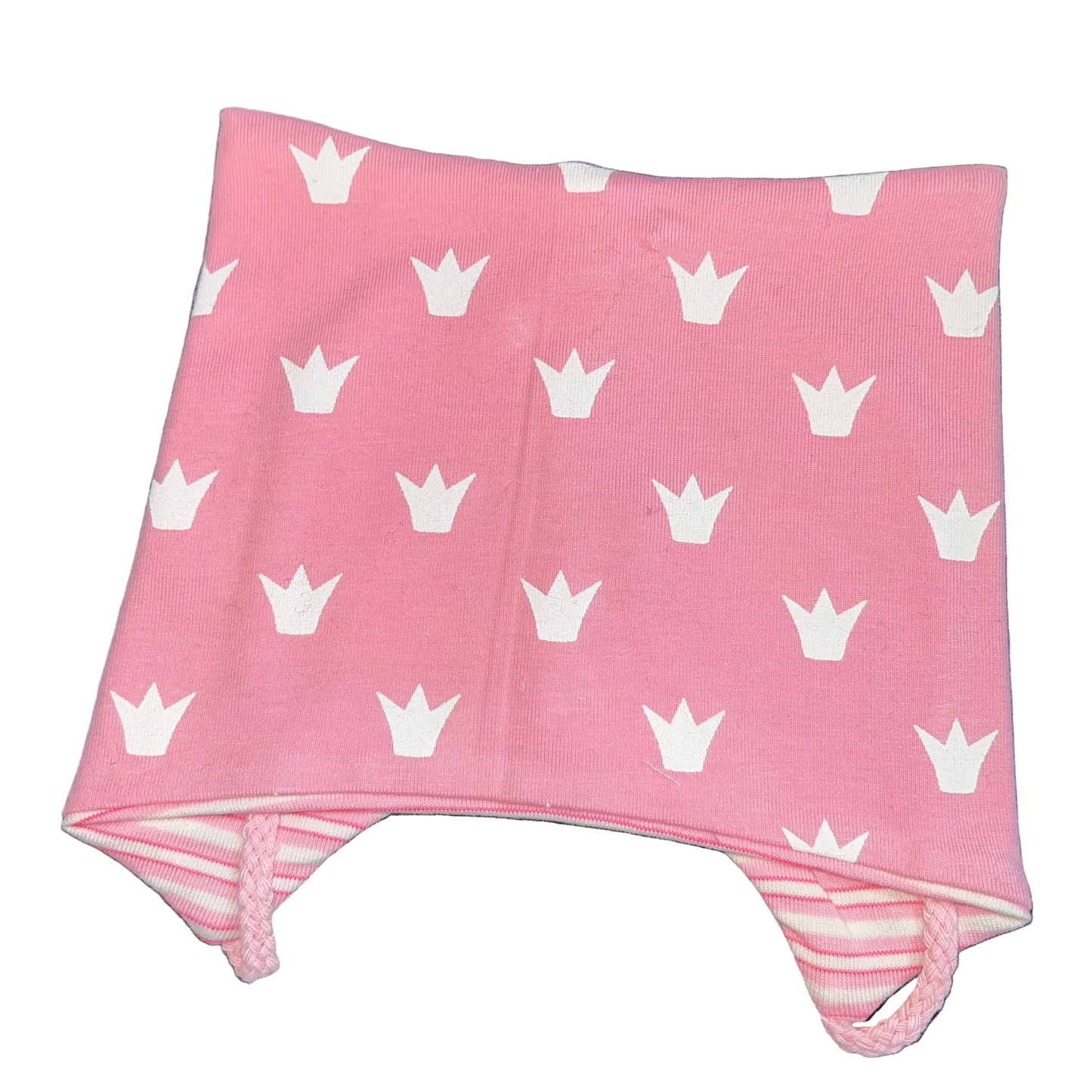 Knyttelue rosa Kroner striper