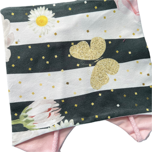 Knyttelue striper/blomster